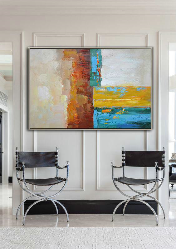 Vertical Palette Knife Contemporary Art,Big Painting,Blue,Red,Yellow,Gray